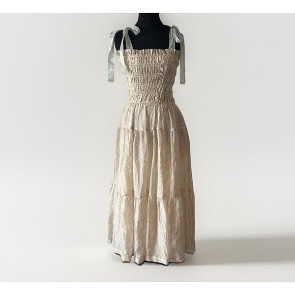 En Saison Milkmaid Cottagecore Toile Romantic Midi Dress Size XS Smocked Bow Tie - Picture 2 of 16